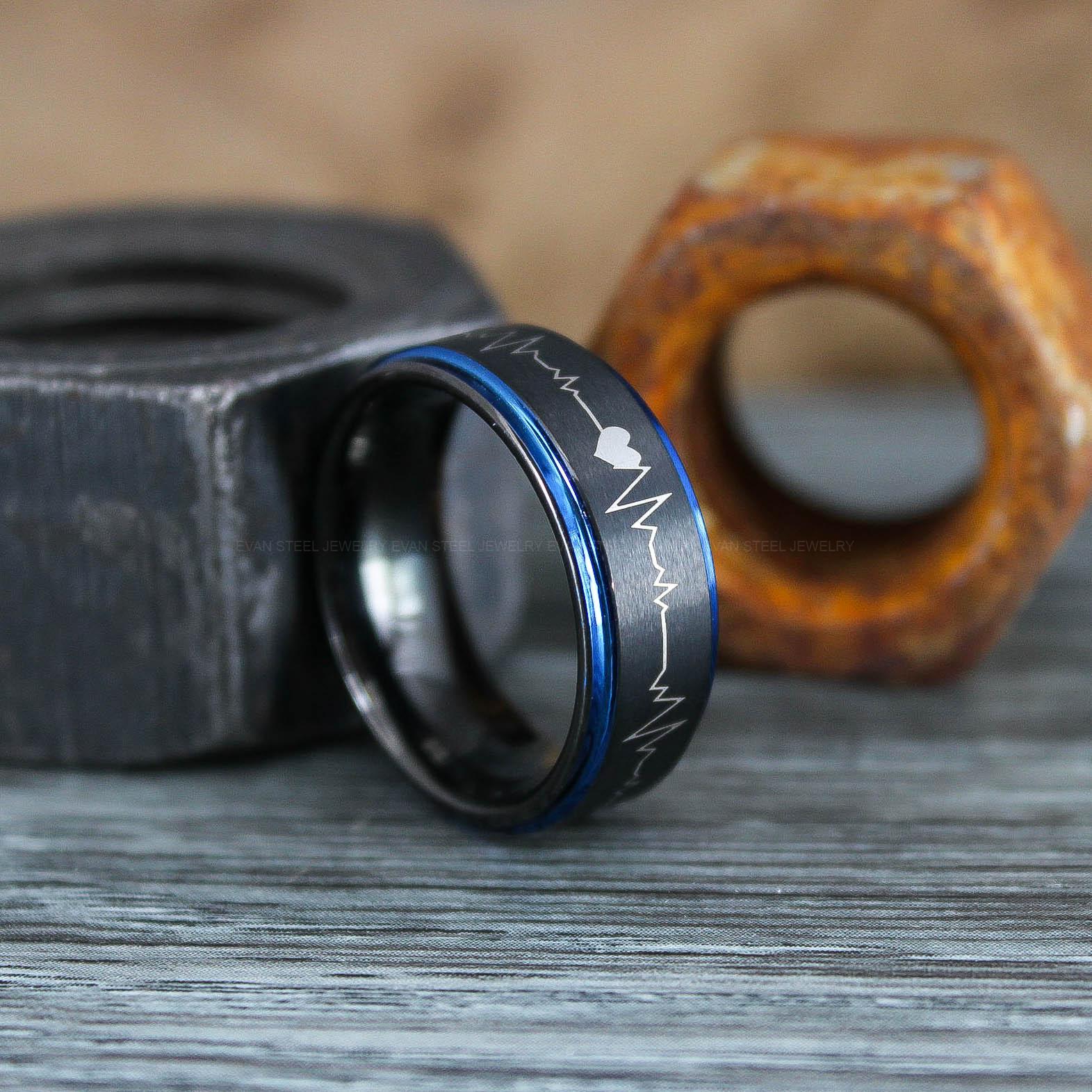 IMG_0913 Heartbeat Ring, Black Wedding Band, Black Couple Wedding Ring, Black Tungsten Ring, Heartbeat Wedding Band - Image 1