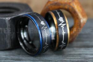 Heartbeat Rings, Black Wedding Bands, Black Couple Wedding Rings, Black Tungsten Rings, Heartbeat Wedding Bands