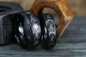 Sun and Moon Rings, Couple Rings, 2 Piece Couple Set Black Tungsten Bands, Matching Wedding Rings, Sun and Moon Wedding Bands, Sun Ring