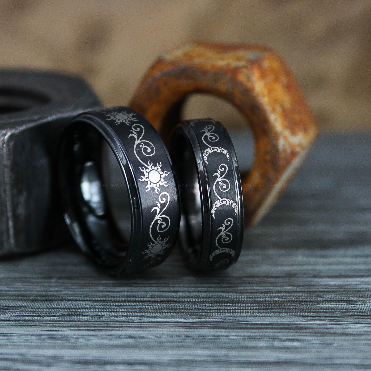 IMG_0915 Sun and Moon Rings, Couple Rings, 2 Piece Couple Set Black Tungsten Bands, Matching Wedding Rings, Sun and Moon Wedding Bands, Sun Ring - Image 1