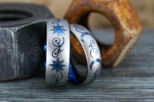 Sun and Moon Rings, Couple Rings, 2 Piece Couple Set Blue Tungsten Bands, Matching Wedding Rings, Sun and Moon Wedding Bands, Sun Ring