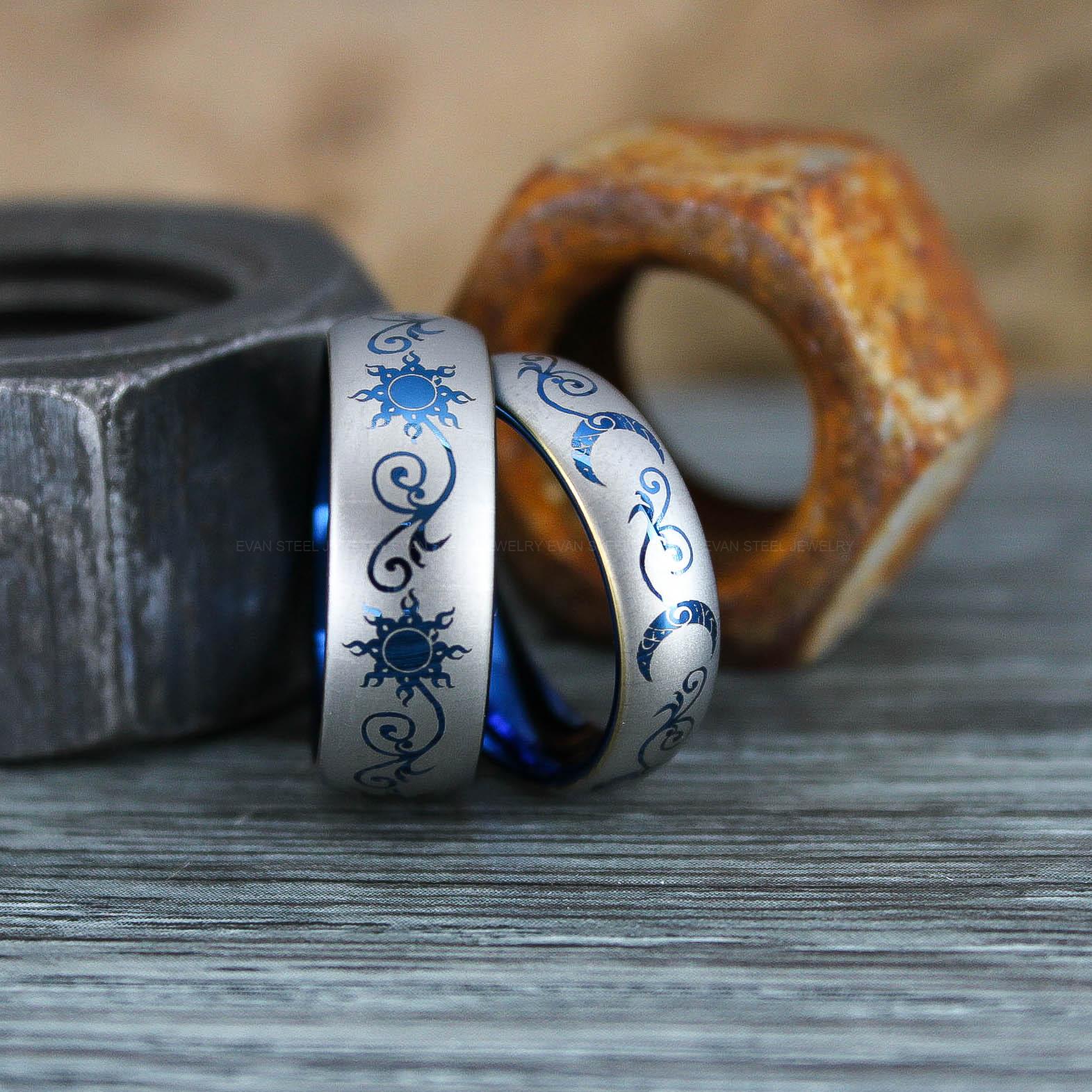 IMG_0916 Sun and Moon Rings, Couple Rings, 2 Piece Couple Set Blue Tungsten Bands, Matching Wedding Rings, Sun and Moon Wedding Bands, Sun Ring - Image 1