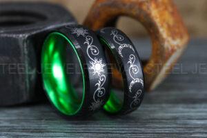 Sun and Moon Rings, Couple Rings, 2 Piece Couple Set Black Tungsten Bands, Matching Wedding Rings, Sun and Moon Wedding Bands, Sun Ring