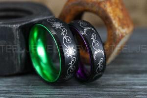 Sun and Moon Rings, Couple Rings, 2 Piece Couple Set Black Tungsten Bands, Matching Wedding Rings, Sun and Moon Wedding Bands, Sun Ring