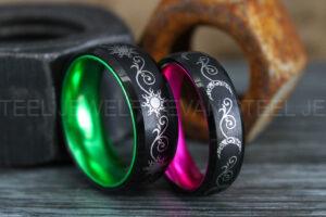 Sun and Moon Rings, Couple Rings, 2 Piece Couple Set Black Tungsten Bands, Matching Wedding Rings, Sun and Moon Wedding Bands, Sun Ring