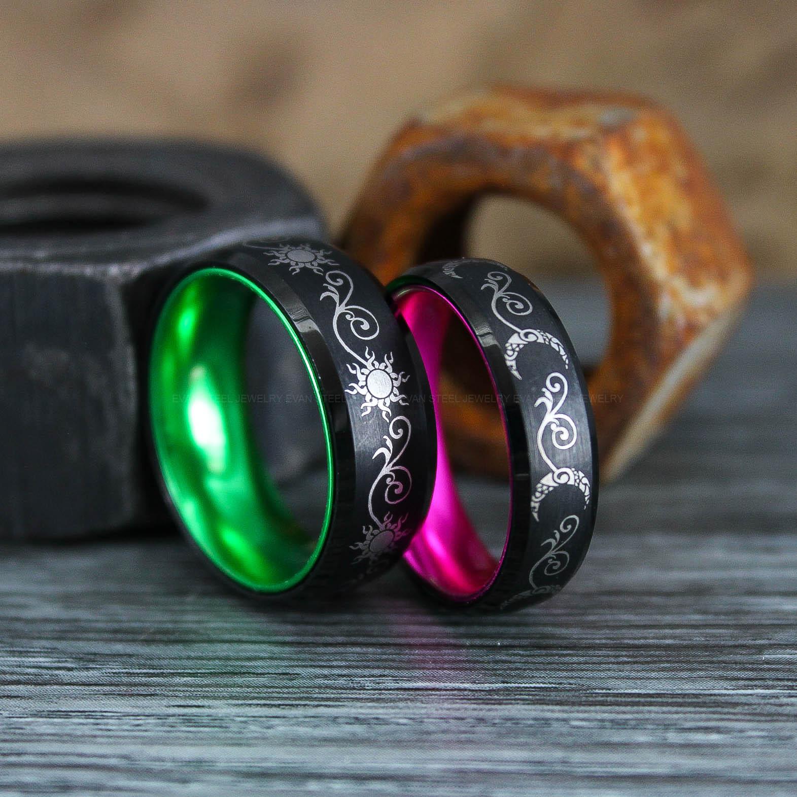 IMG_0919 Sun and Moon Rings, Couple Rings, 2 Piece Couple Set Black Tungsten Bands, Matching Wedding Rings, Sun and Moon Wedding Bands, Sun Ring - Image 1