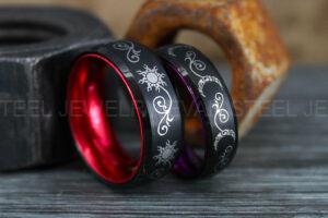 Sun and Moon Rings, Couple Rings, 2 Piece Couple Set Black Tungsten Bands, Matching Wedding Rings, Sun and Moon Wedding Bands, Sun Ring