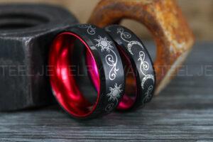 Sun and Moon Rings, Couple Rings, 2 Piece Couple Set Black Tungsten Bands, Matching Wedding Rings, Sun and Moon Wedding Bands, Sun Ring
