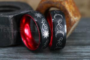 Sun and Moon Rings, Couple Rings, 2 Piece Couple Set Black Tungsten Bands, Matching Wedding Rings, Sun and Moon Wedding Bands, Sun Ring