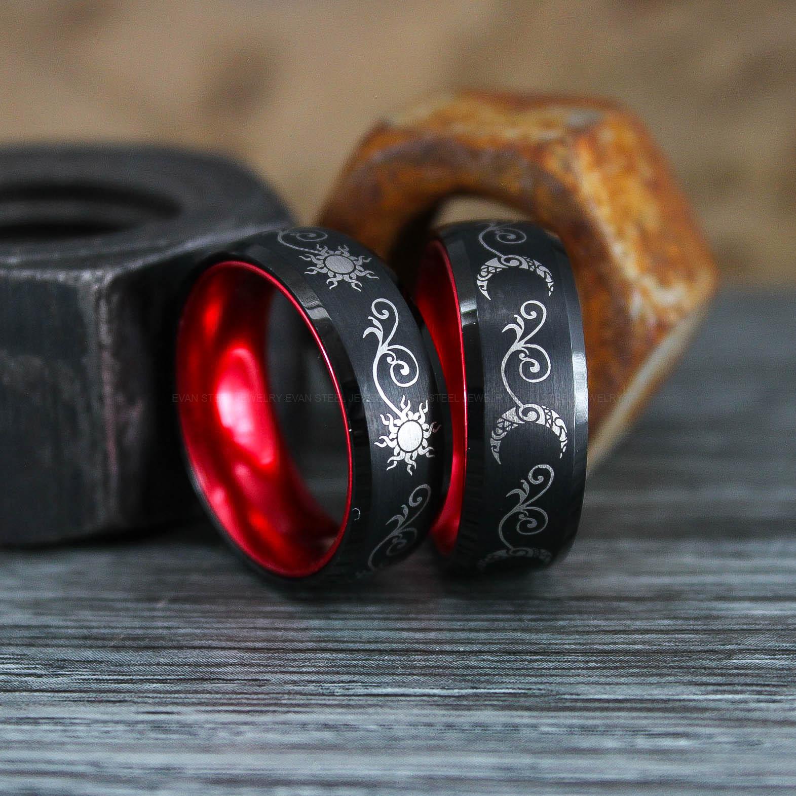 IMG_0922 Sun and Moon Rings, Couple Rings, 2 Piece Couple Set Black Tungsten Bands, Matching Wedding Rings, Sun and Moon Wedding Bands, Sun Ring - Image 1