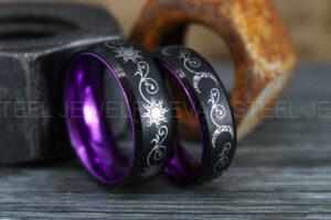 Sun and Moon Rings, Couple Rings, 2 Piece Couple Set Black Tungsten Bands, Matching Wedding Rings, Sun and Moon Wedding Bands, Sun Ring