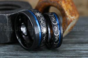 Sun and Moon Rings, Couple Rings, 2 Piece Couple Set Black Tungsten Bands, Matching Wedding Rings, Sun and Moon Wedding Bands, Sun Ring