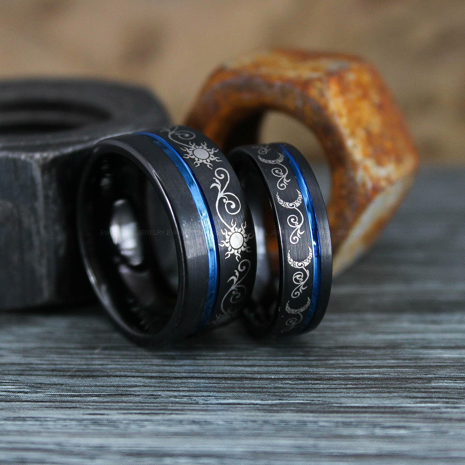 IMG_0924 Sun and Moon Rings, Couple Rings, 2 Piece Couple Set Black Tungsten Bands, Matching Wedding Rings, Sun and Moon Wedding Bands, Sun Ring - Image 1