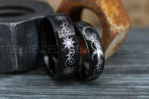 Sun and Moon Rings, Couple Rings, 2 Piece Couple Set Black Tungsten Bands, Matching Wedding Rings, Sun and Moon Wedding Bands, Sun Ring