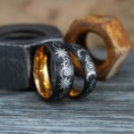 Sun and Moon Rings, Couple Rings, 2 Piece Couple Set Black Tungsten Bands, Matching Wedding Rings, Sun and Moon Wedding Bands, Sun Ring