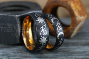 Sun and Moon Rings, Couple Rings, 2 Piece Couple Set Black Tungsten Bands, Matching Wedding Rings, Sun and Moon Wedding Bands, Sun Ring