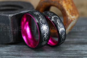 Sun and Moon Rings, Couple Rings, 2 Piece Couple Set Black Tungsten Bands, Matching Wedding Rings, Sun and Moon Wedding Bands, Sun Ring