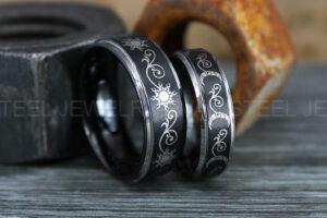 Sun and Moon Rings, Couple Rings, 2 Piece Couple Set Black Tungsten Bands, Matching Wedding Rings, Sun and Moon Wedding Bands, Sun Ring
