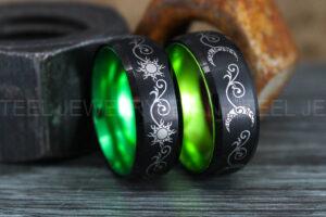 Sun and Moon Rings, Couple Rings, 2 Piece Couple Set Black Tungsten Bands, Matching Wedding Rings, Sun and Moon Wedding Bands, Sun Ring