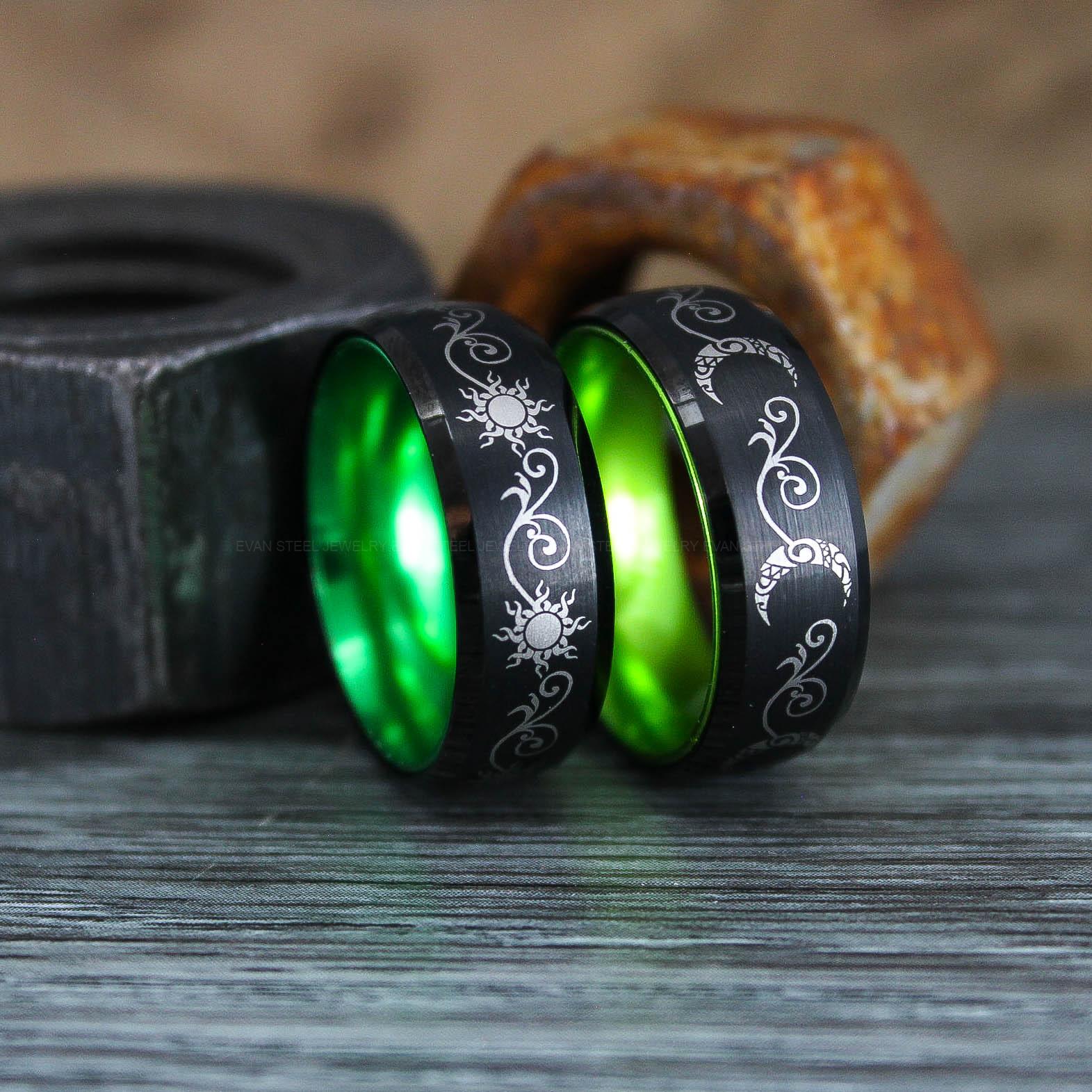 IMG_0930 Sun and Moon Rings, Couple Rings, 2 Piece Couple Set Black Tungsten Bands, Matching Wedding Rings, Sun and Moon Wedding Bands, Sun Ring - Image 1