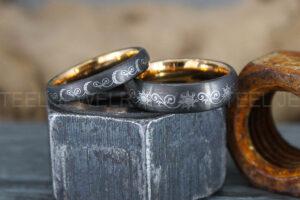 Sun and Moon Rings, Couple Rings, 2 Piece Couple Set Black Tungsten Bands, Matching Wedding Rings, Sun and Moon Wedding Bands, Sun Ring