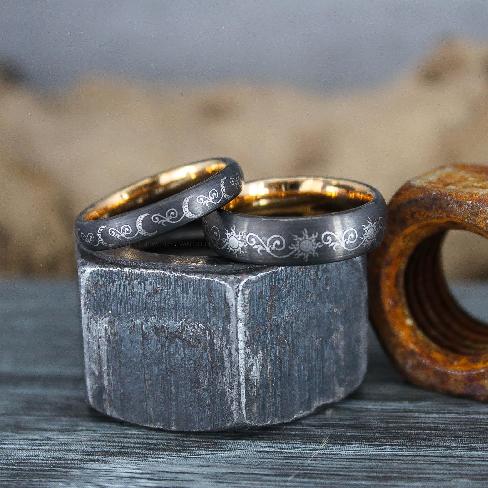 IMG_0932 Sun and Moon Rings, Couple Rings, 2 Piece Couple Set Black Tungsten Bands, Matching Wedding Rings, Sun and Moon Wedding Bands, Sun Ring - Image 1