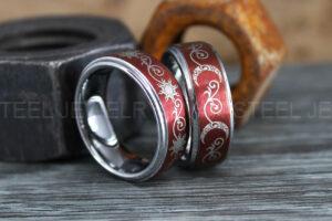 Sun and Moon Rings, Couple Rings, 2 Piece Couple Set Black Tungsten Bands, Matching Wedding Rings, Sun and Moon Wedding Bands, Sun Ring