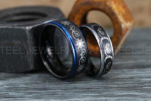 Sun and Moon Rings, Couple Rings, 2 Piece Couple Set Black Tungsten Bands, Matching Wedding Rings, Sun and Moon Wedding Bands, Sun Ring