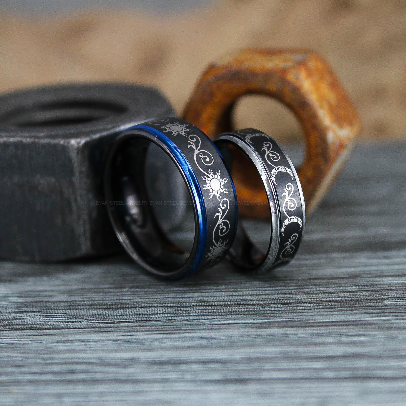 IMG_0935 Sun and Moon Rings, Couple Rings, 2 Piece Couple Set Black Tungsten Bands, Matching Wedding Rings, Sun and Moon Wedding Bands, Sun Ring - Image 1