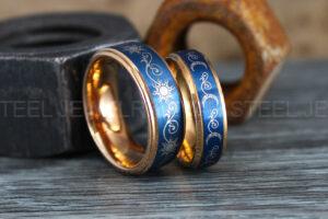 Sun and Moon Rings, Couple Rings, 2 Piece Couple Set Rose Gold Tungsten Bands, Matching Wedding Rings, Sun and Moon Wedding Bands, Sun Ring