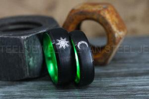 Sun and Moon Rings, Couple Rings, 2 Piece Couple Set Black Tungsten Bands, Matching Wedding Rings, Sun and Moon Wedding Bands, Sun Ring