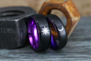 Sun and Moon Rings, Couple Rings, 2 Piece Couple Set Black Tungsten Bands, Matching Wedding Rings, Sun and Moon Wedding Bands, Sun Ring