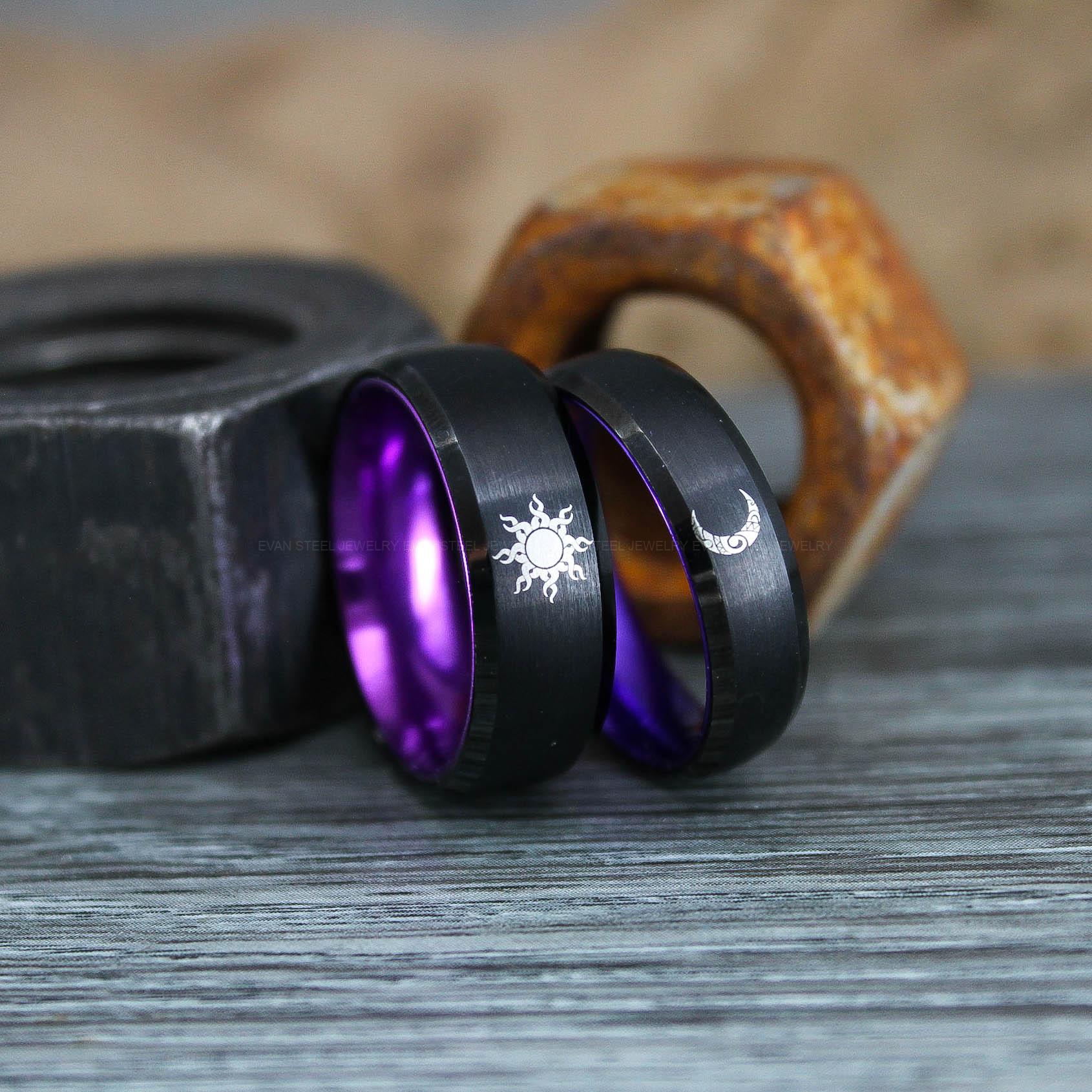 IMG_0938 Sun and Moon Rings, Couple Rings, 2 Piece Couple Set Black Tungsten Bands, Matching Wedding Rings, Sun and Moon Wedding Bands, Sun Ring - Image 1