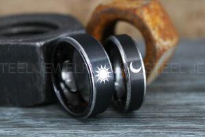 Sun and Moon Rings, Couple Rings, 2 Piece Couple Set Black Tungsten Bands, Matching Wedding Rings, Sun and Moon Wedding Bands, Sun Ring