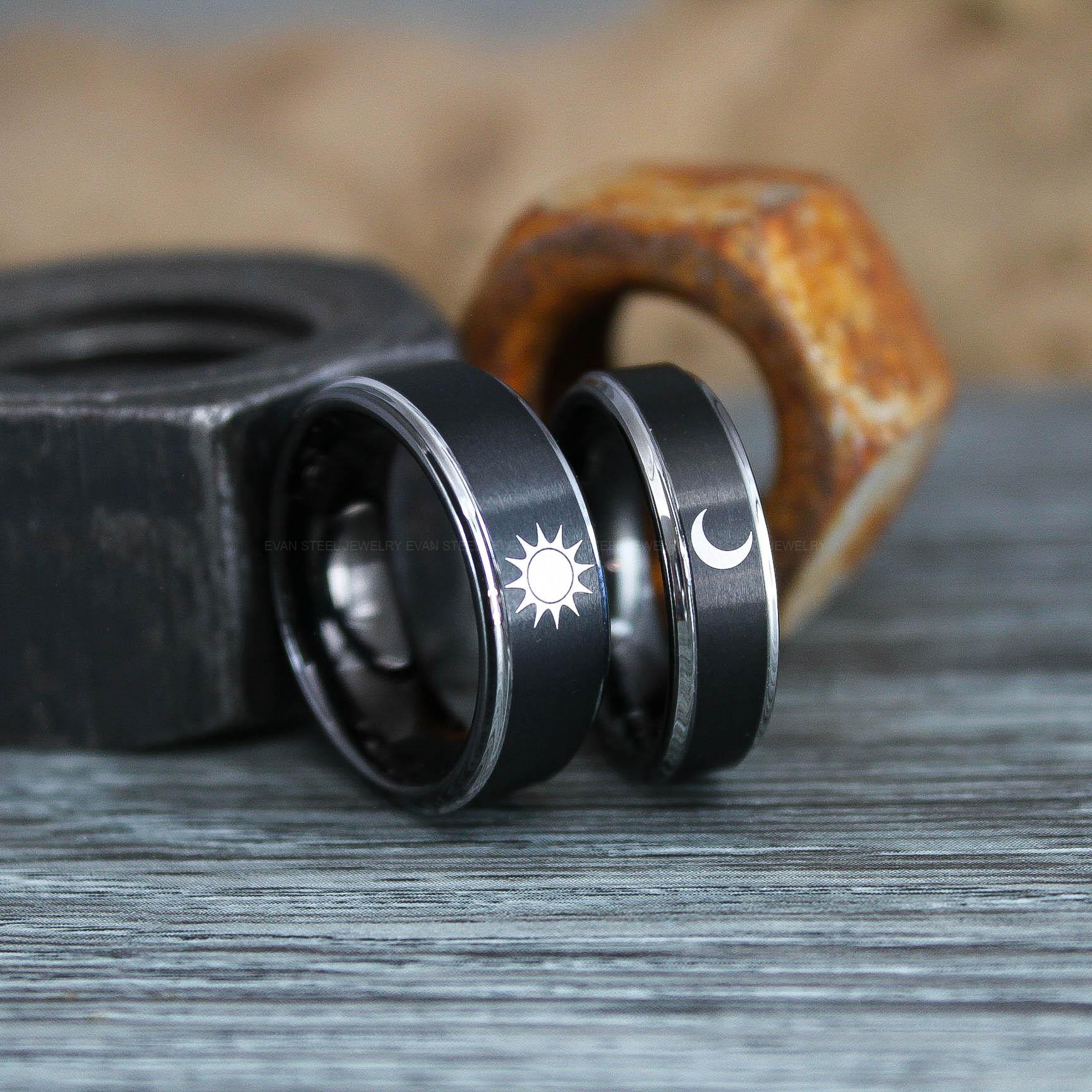 IMG_0942 Sun and Moon Rings, Couple Rings, 2 Piece Couple Set Black Tungsten Bands, Matching Wedding Rings, Sun and Moon Wedding Bands, Sun Ring - Image 1
