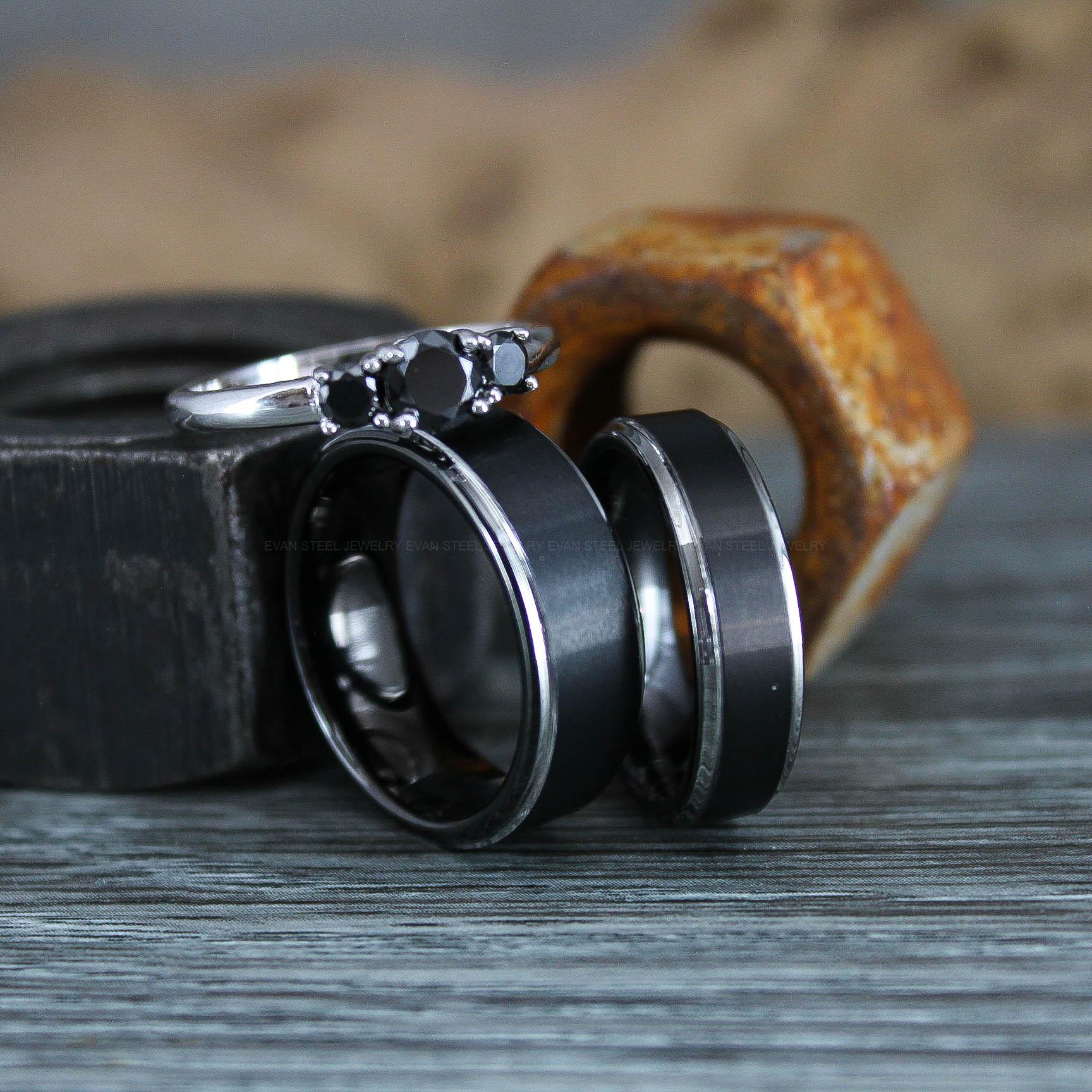 IMG_0945 Couple Rings, Couple Wedding Bands, Matching Couple Rings, 3 Piece Wedding Ring Set, Black Wedding Rings, Black Wedding Bands, Bridal Rings - Image 1