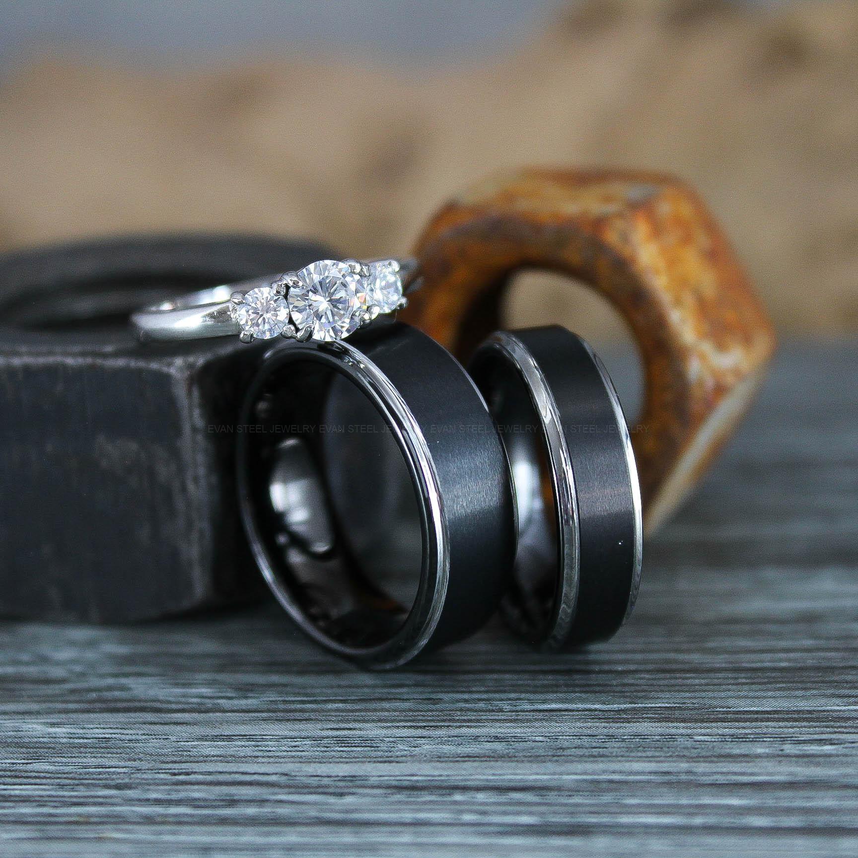IMG_0946 Couple Rings, Couple Wedding Bands, Matching Couple Rings, 3 Piece Wedding Ring Set, Black Wedding Rings, Black Wedding Bands, Bridal Rings - Image 1