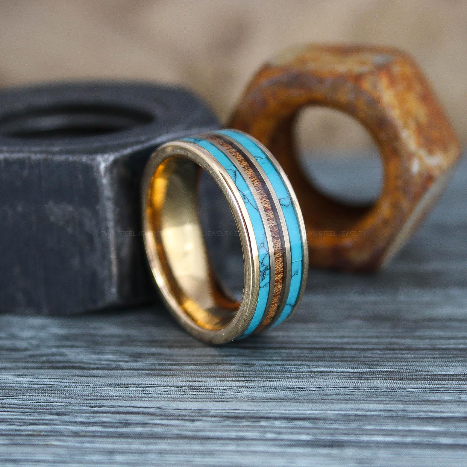 IMG_0952 Turquoise Ring, Turquoise Wedding Ring, Turquoise Wedding Band, Rose Gold Wedding Ring, Rose Gold Tungsten Ring - Image 1