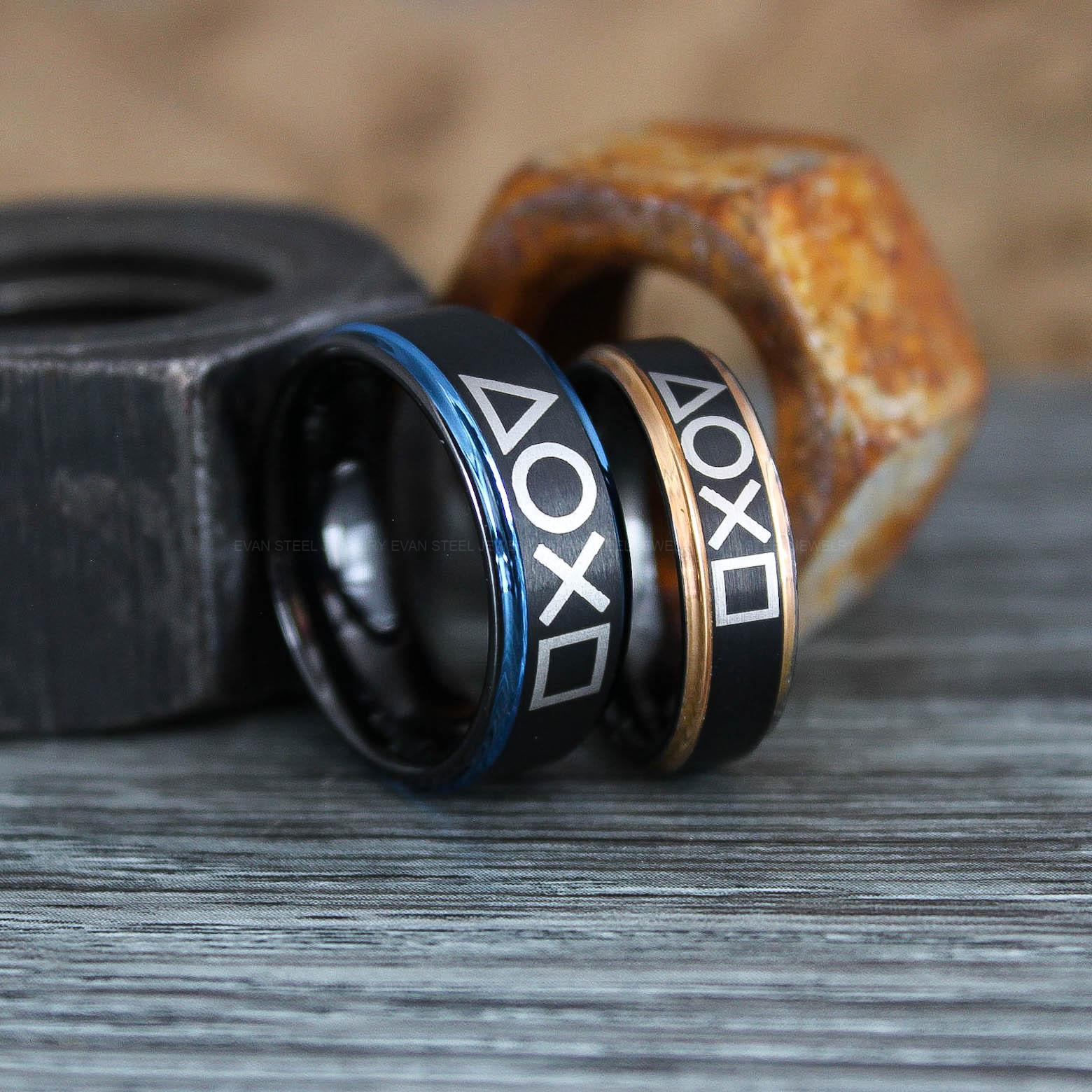 IMG_0961 Gamer Rings, Player 1 Player 2 Rings, Controller Rings, Black Gamer Wedding Rings, Black Tungsten Gamer Wedding Bands, Gamer Jewelry - Image 1
