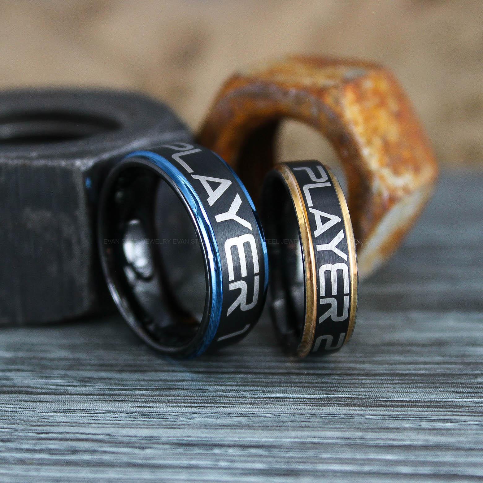 IMG_0962 Gamer Rings, Player 1 Player 2 Rings, Controller Rings, Black Gamer Wedding Rings, Black Tungsten Gamer Wedding Bands, Gamer Jewelry - Image 1
