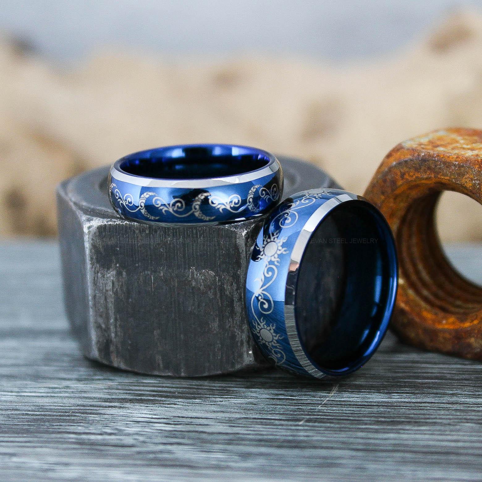 IMG_0966 Sun and Moon Rings, Couple Rings, 2 Piece Couple Set Blue Tungsten Bands, Matching Wedding Rings, Sun and Moon Wedding Bands, Sun Ring - Image 1
