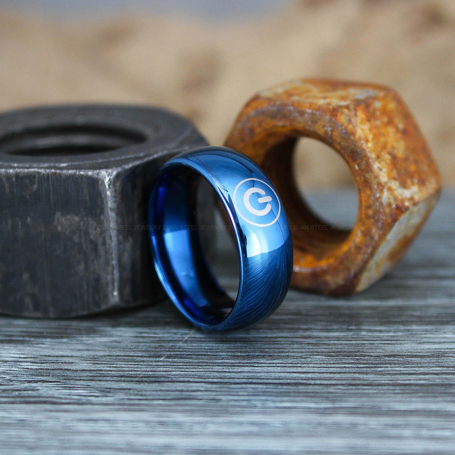 IMG_0968 Gamer Ring, Power Button Ring, Controller Ring, Blue Gamer Wedding Ring, Blue Tungsten Gamer Wedding Band, Blue Tungsten Ring, Blue Wedding Band, Gamer Jewelry - Image 1