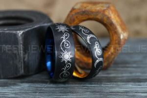 Sun and Moon Rings, Couple Rings, 2 Piece Couple Set Black Tungsten Bands, Matching Wedding Rings, Sun and Moon Wedding Bands, Sun Ring
