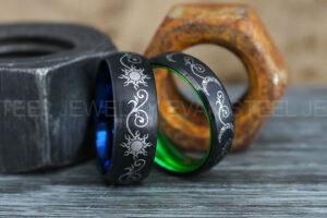 Sun and Moon Rings, Couple Rings, 2 Piece Couple Set Black Tungsten Bands, Matching Wedding Rings, Sun and Moon Wedding Bands, Sun Ring