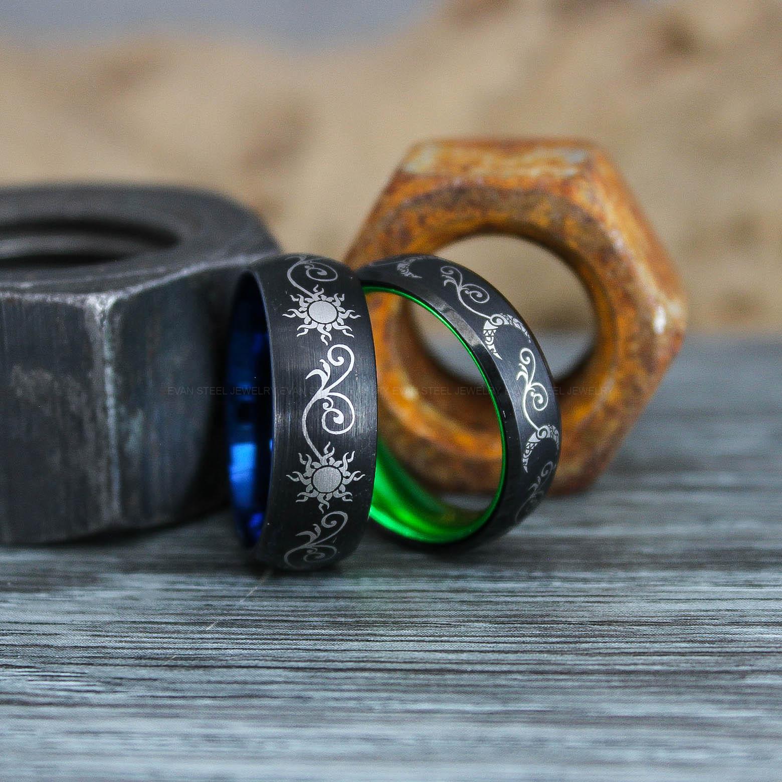 IMG_0970 Sun and Moon Rings, Couple Rings, 2 Piece Couple Set Black Tungsten Bands, Matching Wedding Rings, Sun and Moon Wedding Bands, Sun Ring - Image 1
