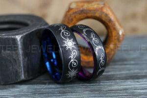 Sun and Moon Rings, Couple Rings, 2 Piece Couple Set Black Tungsten Bands, Matching Wedding Rings, Sun and Moon Wedding Bands, Sun Ring