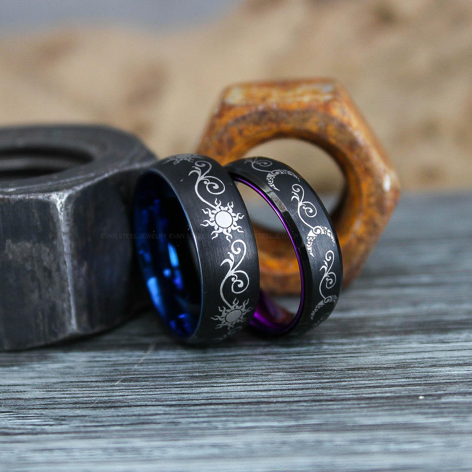 IMG_0971 Sun and Moon Rings, Couple Rings, 2 Piece Couple Set Black Tungsten Bands, Matching Wedding Rings, Sun and Moon Wedding Bands, Sun Ring - Image 1
