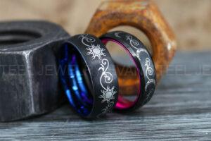 Sun and Moon Rings, Couple Rings, 2 Piece Couple Set Black Tungsten Bands, Matching Wedding Rings, Sun and Moon Wedding Bands, Sun Ring