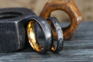 Sun and Moon Rings, Couple Rings, 2 Piece Couple Set Black Tungsten Bands, Matching Wedding Rings, Sun and Moon Wedding Bands, Sun Ring