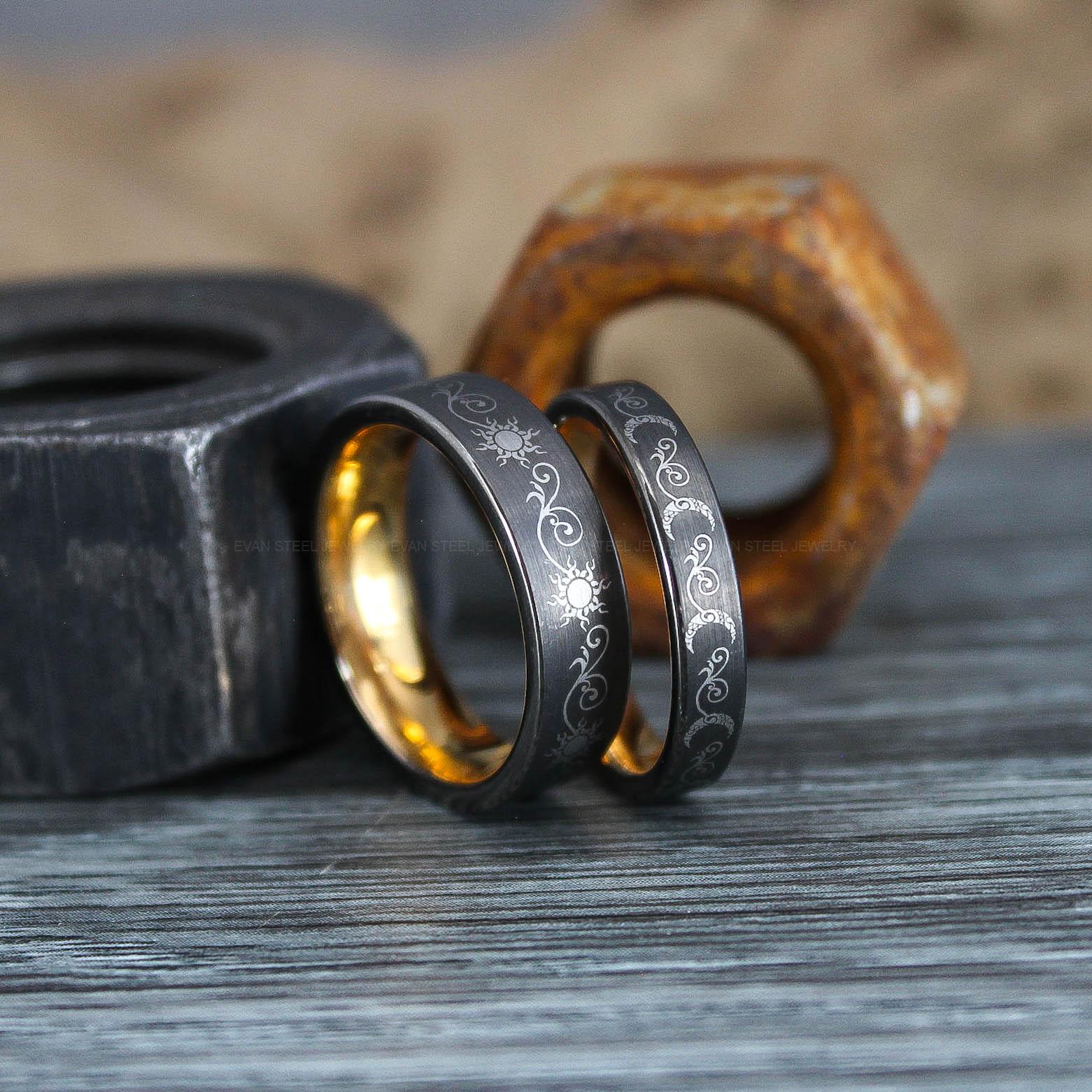 IMG_0973 Sun and Moon Rings, Couple Rings, 2 Piece Couple Set Black Tungsten Bands, Matching Wedding Rings, Sun and Moon Wedding Bands, Sun Ring - Image 1